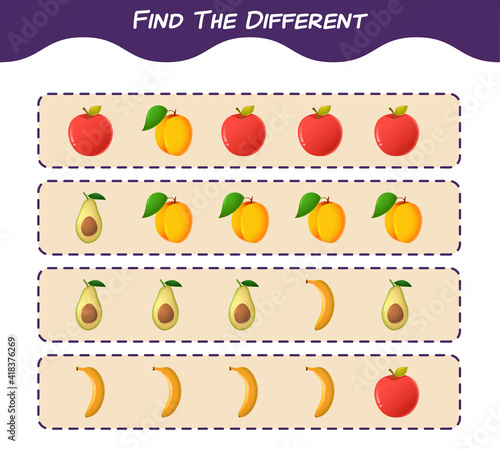 Find the differences between cartoon fruits. Searching game. Educational game for pre shool years kids and toddlers