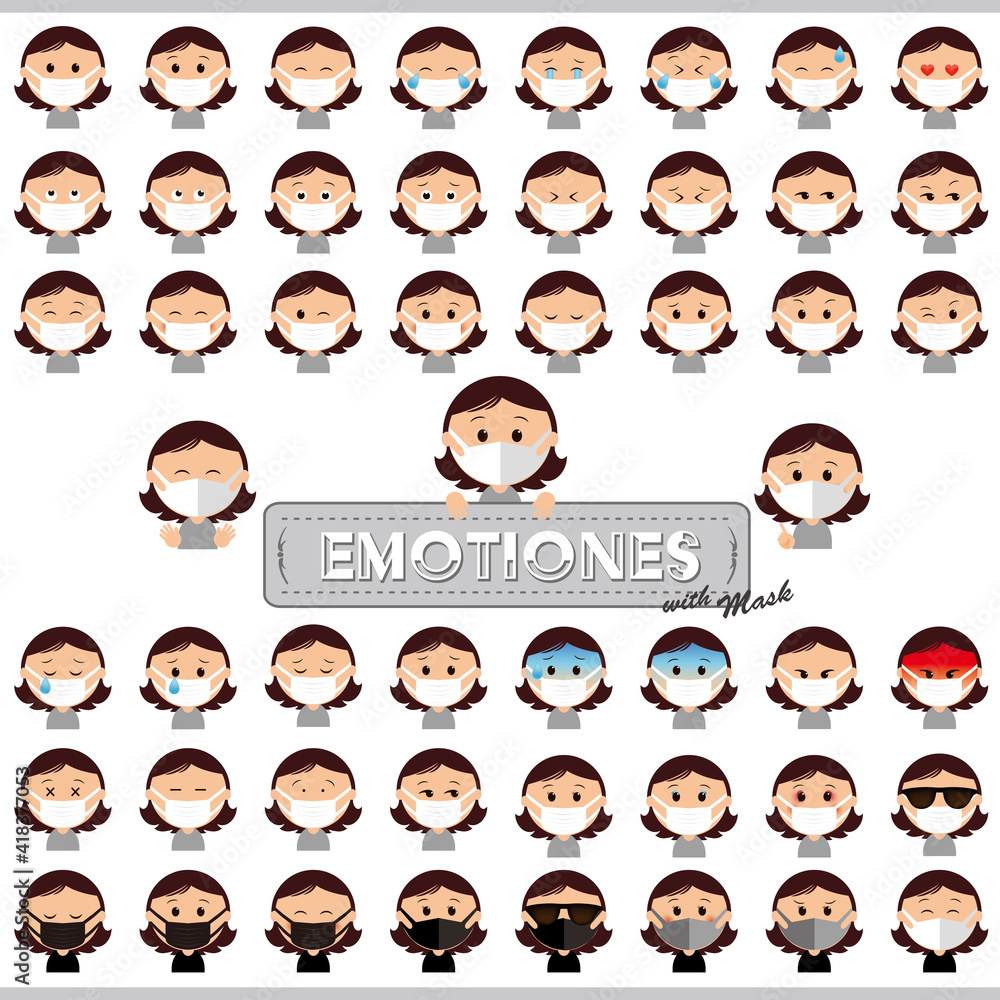 女性　マスク　表情　バリエーション　イラスト　セット