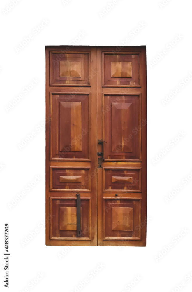 Closed wooden brown door, isolated on white background. Closed wooden brown door, isolated on white background.