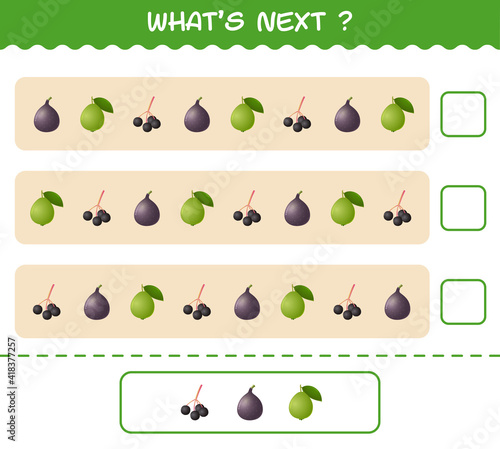 What's comes next educational game of cartoon fruits. Find the regularity and continue the row task. Educational game for pre shool years kids and toddlers