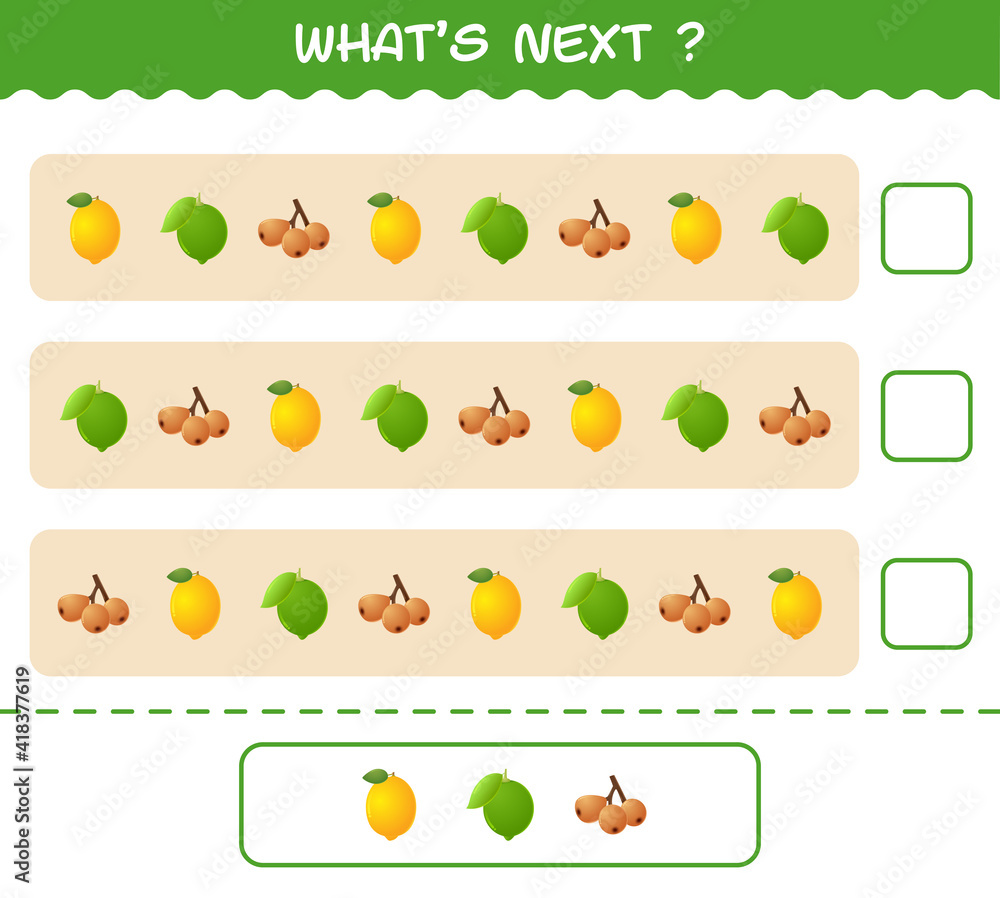What's comes next educational game of cartoon fruits. Find the regularity and continue the row task. Educational game for pre shool years kids and toddlers What's comes next educational game of cartoon fruits. Find the regularity and continue the row task. Educational game for pre shool years kids and toddlers