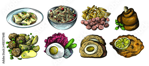 Colorful watercolor Hand drawn sketch set of German cuisine. German Maultaschen Dumplings, North German Labskaus, rollmops, Schnitzel with lemon, Currywurst, meatloaf with egg, Himmel und Ad (Heaven a