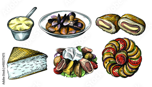 Colorful watercolor Hand drawn sketch set of French cuisine. French Julienne Chicken and Mushroom	
