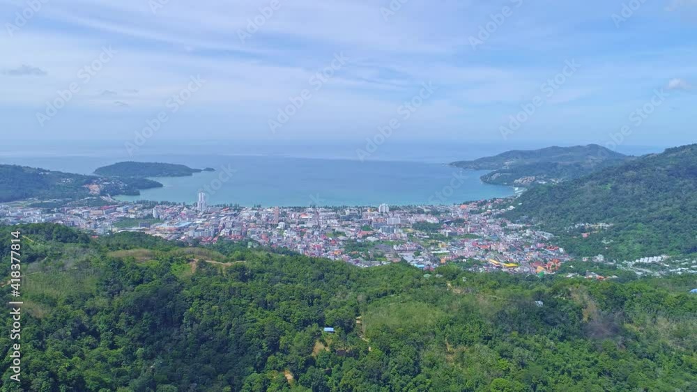 Aerial view Drone shot flying over high mountain with patong city in phuket thailand beautiful nature view High angle view Aerial view Drone shot flying over high mountain with patong city in phuket thailand beautiful nature view High angle view