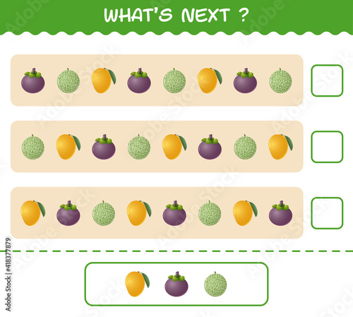 What s comes next educational game of cartoon fruits. Find the regularity and continue the row task. Educational game for pre shool years kids and toddlers