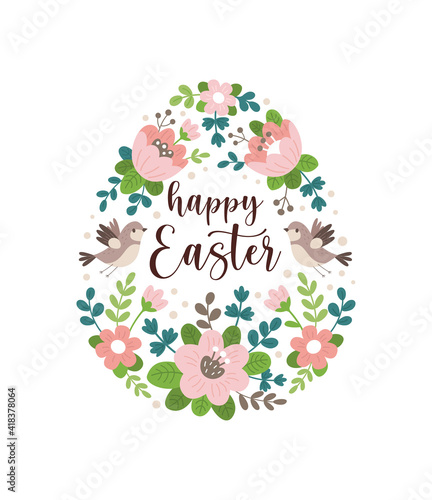 Happy Easter greeting card. Vector illustration of an Easter egg made of pink spring flowers and birds with calligraphic inscription inside. Isolated on white background