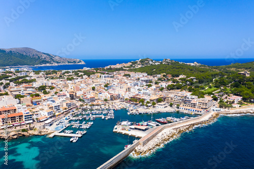 Aerial view, bay of Cala Ratjada, harbor and boats, Cala Gat, Mallorca, Balearic Islands, Spain photo