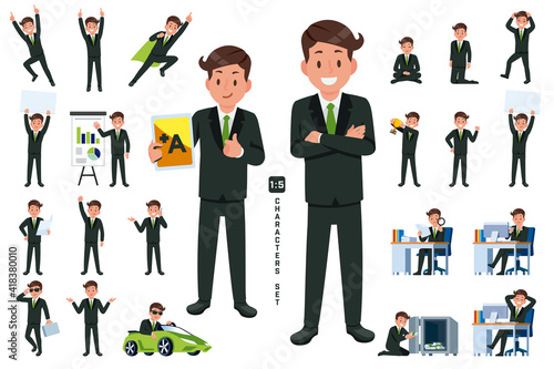 businessman character set 2 in five head to body ratio scale. Working and general situation pose of asian staff.