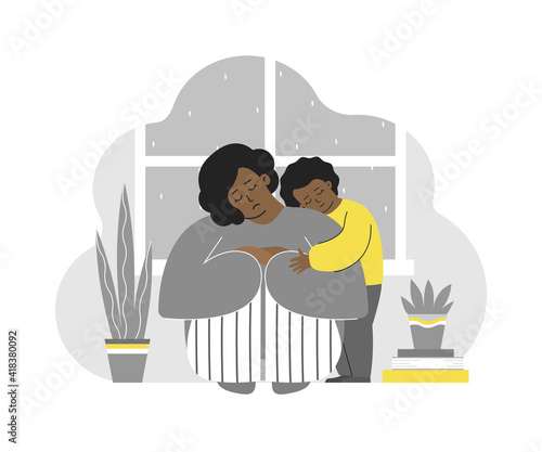 Vector flat isolated illustration with tired lonely mother. African American daughter hugs her sad mom. Postpartum depression and emotional stress. Difficulties to keep mental health in motherhood