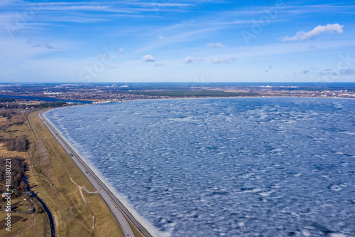 Aerial winter view of the huge dam in Latvia near city of Salaspils and Riga. photo