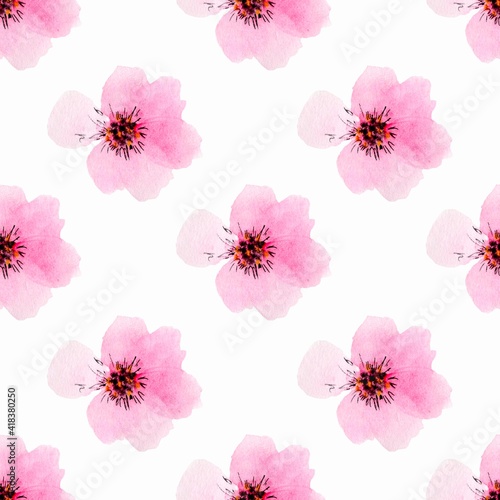 Seamless rosa flowers pattern. Pink flowers on white background. Watercolor hand drawing illustration. © YustasArt