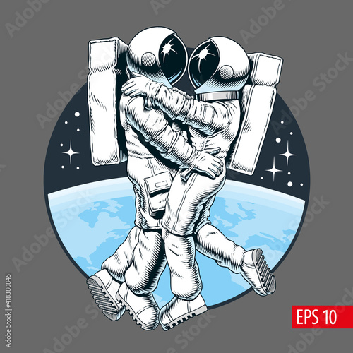 Spaceman and spacewoman in love.  Astronauts couple hugging and dancing in outer space. Space love concept. Comic style vector illustration. 