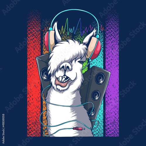 Llama headphone DJ retro vector illustration