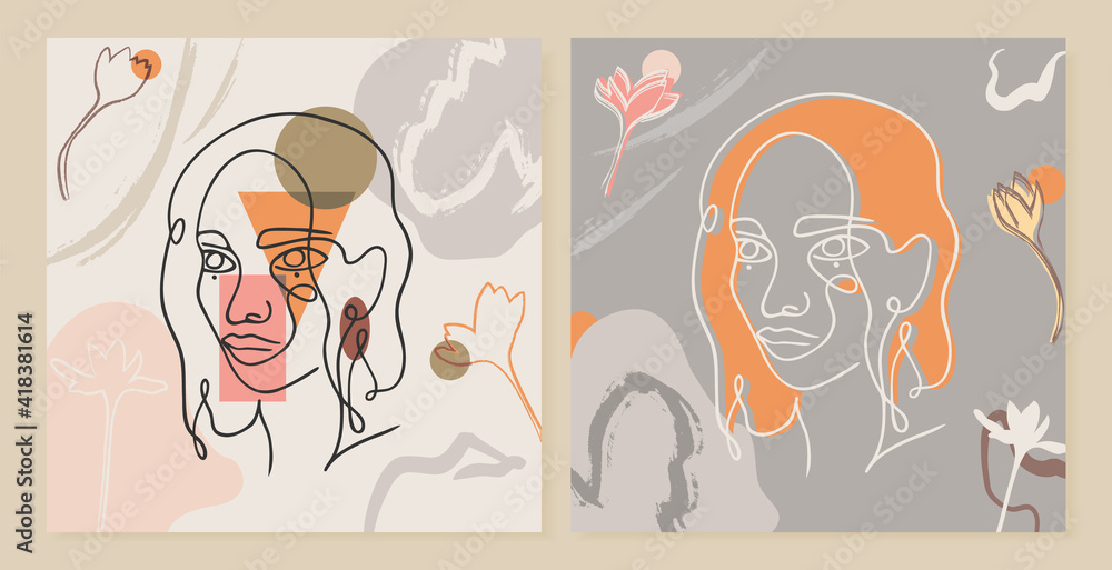 Set of ink line drawing faces, minimalist and modern pattern. Template for designs. Pastel colour palette. Set of ink line drawing faces, minimalist and modern pattern. Template for designs. Pastel colour palette.