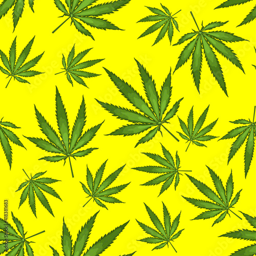 Seamless pattern with realistic leaves of hemp  marijuana  hashish on yellow background. Marijuana leaf.