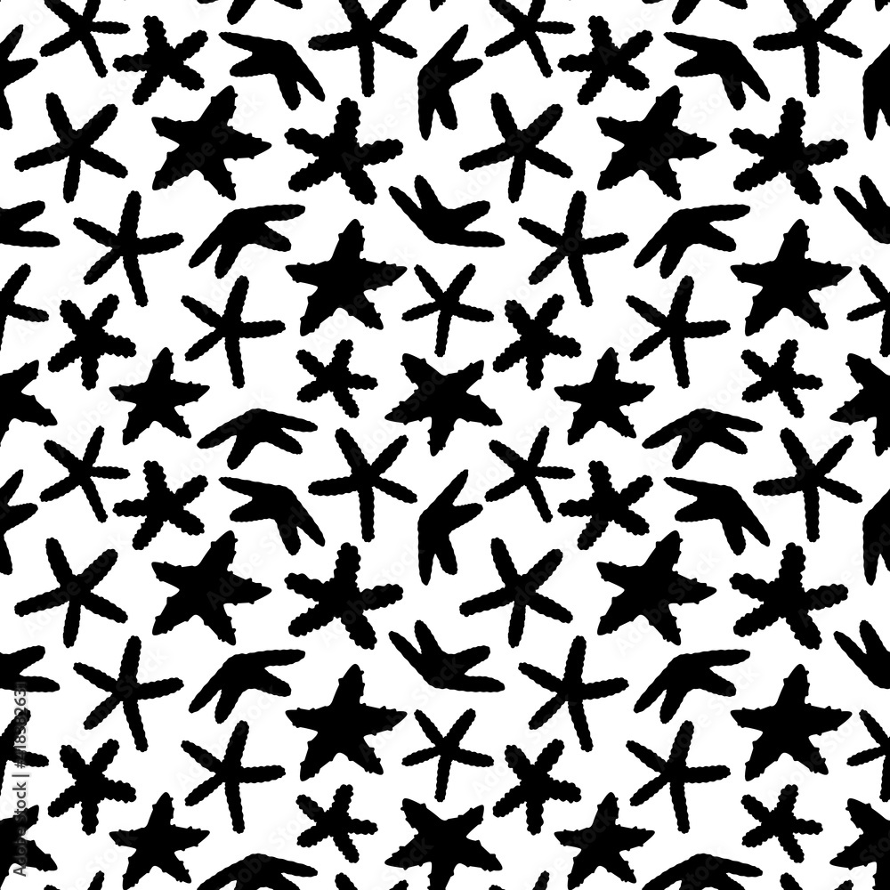 White black Seamless endless vector outline cartoon pattern of sea stars, starfish animals. Doodle of Marine invertebrates with five arms. Chalkboard or silhouette effect. White black Seamless endless vector outline cartoon pattern of sea stars, starfish animals. Doodle of Marine invertebrates with five arms. Chalkboard or silhouette effect.