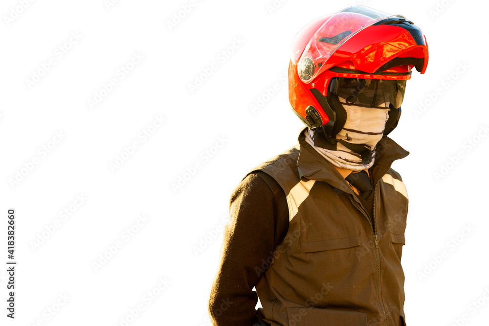 Armed man wearing a red motorcycle helmet.
