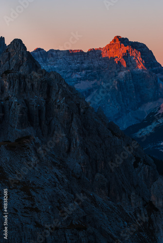 First light on mountains of Dolomites