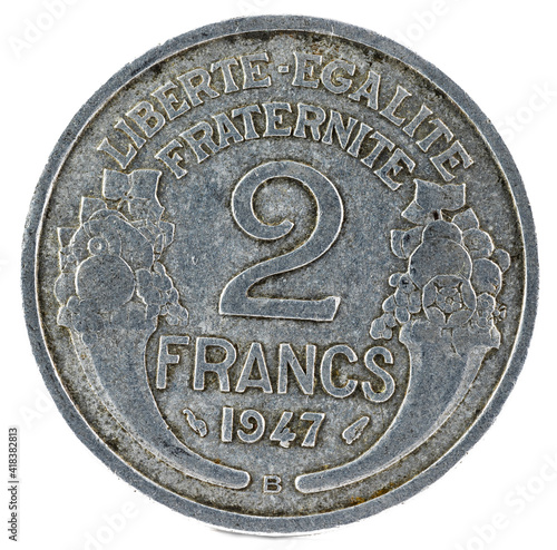 Old French coin. 2 Francs. 1947. Reverse.