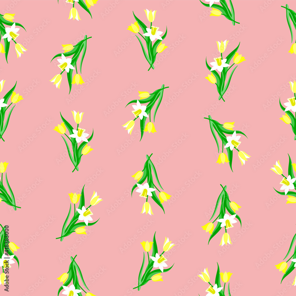Tulips and daffodiles seamless pattern, vector art. Tulips and daffodiles seamless pattern, vector art.