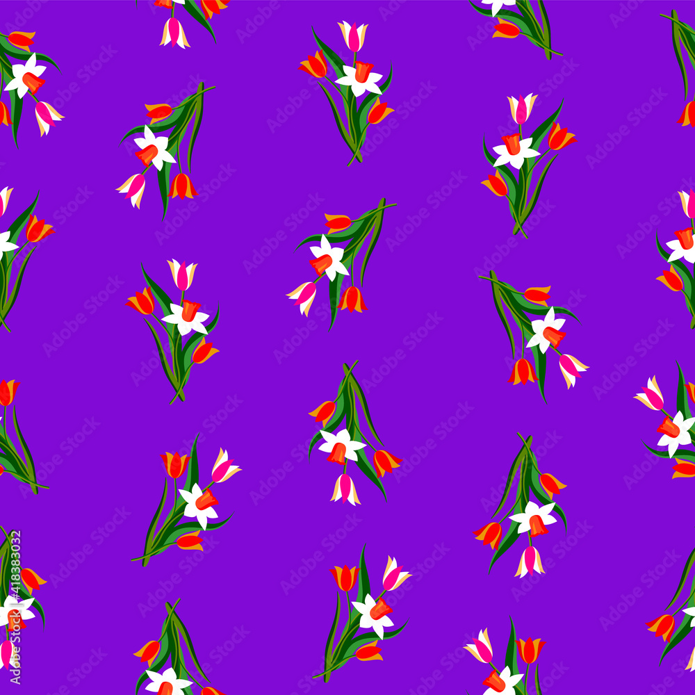 Tulips and daffodiles seamless pattern, vector art.