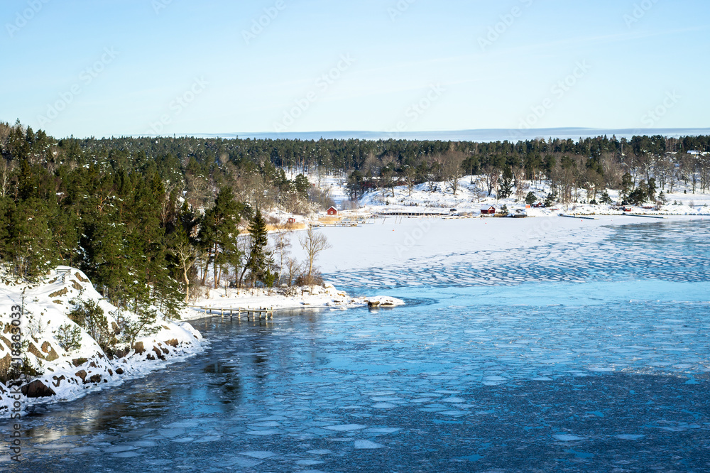 Amazing view of snowy coast of the Baltic sea in winter day. Traditional red wooden houses on the shore. Panorama of Scandinavia Sweden Finland  covered with evergreens. View from cruise ship. 