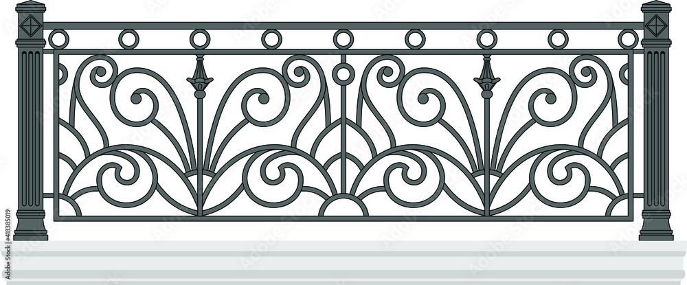 Iron railings for the city. Blacksmithing. Urban design. Balcony. Terrace. Art Deco. Isolated. White background. Iron railings for the city. Blacksmithing. Urban design. Balcony. Terrace. Art Deco. Isolated. White background.