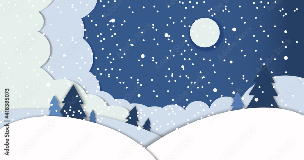 winter landscape with snow, WINTER IN STYLE PAPER CUTOUT EFFECT.