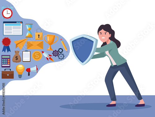 businesswoman extressed with shield and information overload set icons