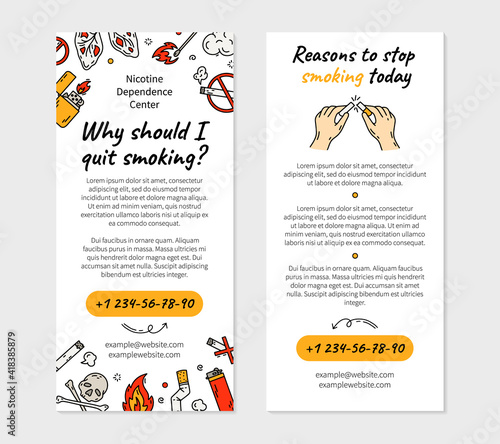Quit smoking cigarette vector flyer for printing in doodle style. Template or concept of bad habits for Nicotine Dependence Clinic.