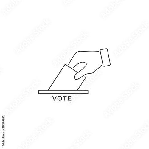 Flat hand putting vote bulletin into ballot box line icon. Election concept 