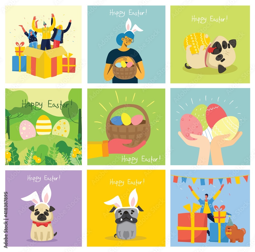Vector Easter cards with animals holding the eggs and hand drawn text - Happy Easter