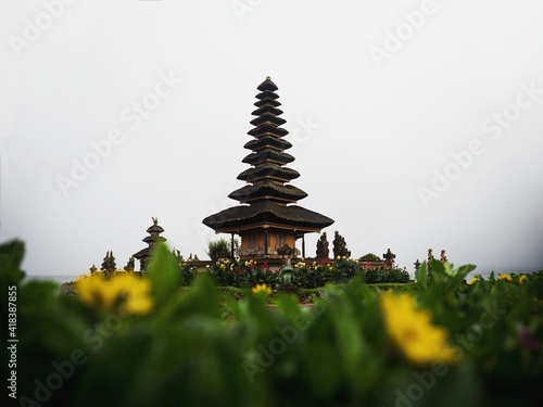 Yellow flower green plant frame of Pura Ulun Danu Beratan hindu Shiva water temple in Bedugul lake Bratan Bali Indonesia photo