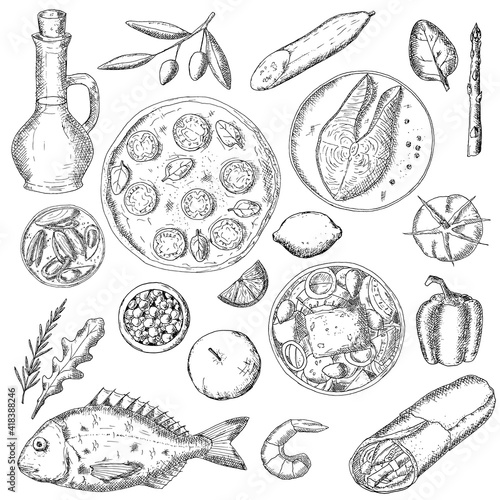 Mediterranean food. Vector illustrations. Isolated objects on white.