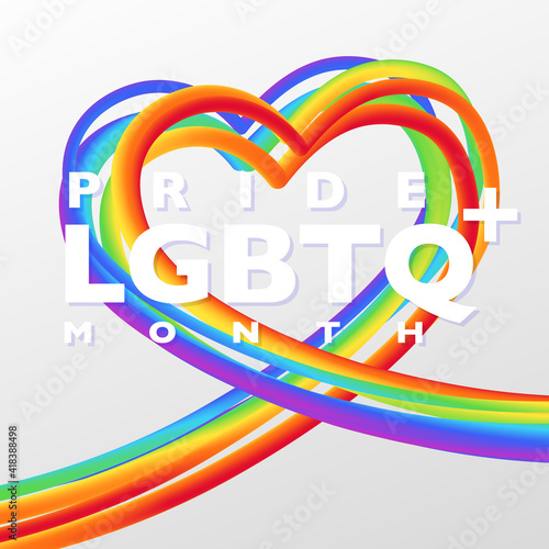 Pride LGBTQ Month Banner with a colorful rainbow hearts in 3d striped object over white background for LGBTQ rights and movements concept