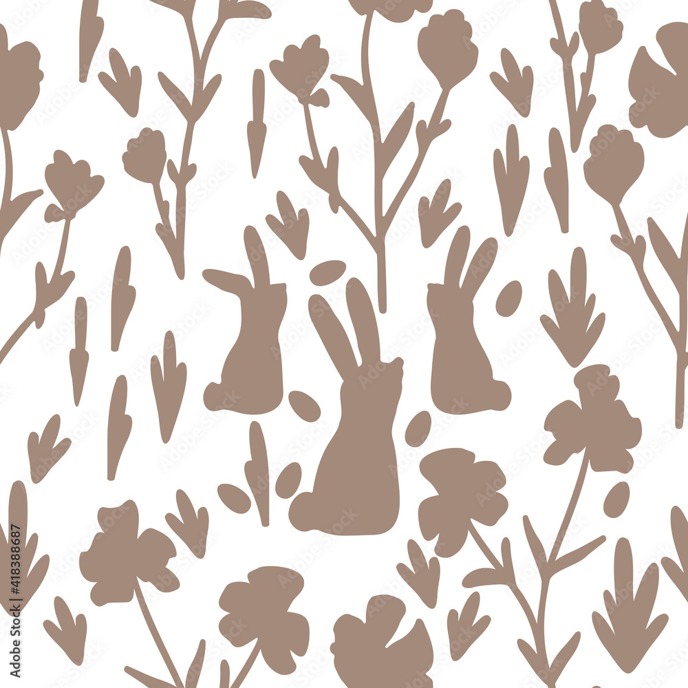 Cute vector pattern for Easter. A family of hares has hidden chocolate eggs in a flower garden and is listening to the sounds coming from it. Stylized silhouette of a chocolate holiday story.