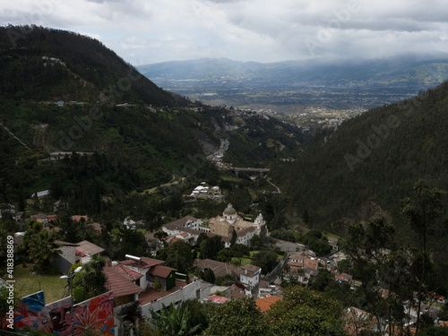 Aerial cityscape panorama of Quito skyline old historic architecture Guapulo Viewpoint lookout Ecuador South America