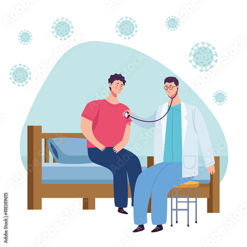 doctor with stethoscope examinating patient and covid19 particles