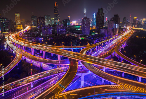 Nine dragon intersection at night, high angle view, Shanghai, China
