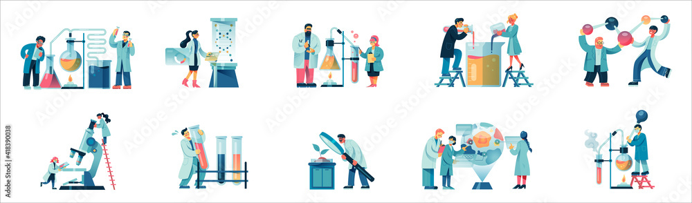 Set with biochemical science laboratory staff performing various experiments flat isolated vector illustration