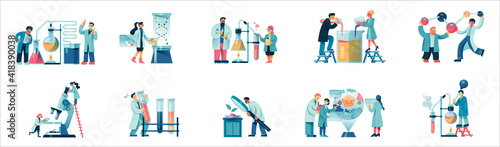 Set with biochemical science laboratory staff performing various experiments flat isolated vector illustration