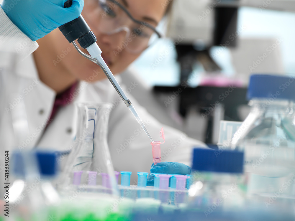 Scientist pipetting sample into vial during genetic experiment in laboratory Scientist pipetting sample into vial during genetic experiment in laboratory