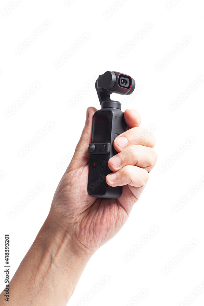Hand hold action camera isolated on white background Hand hold action camera isolated on white background