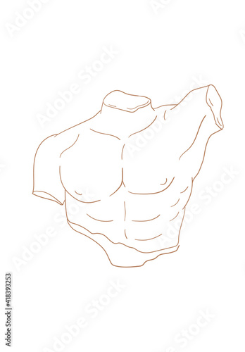 Vector isolated icon antique sculpture. Antique greek statue body. Linear icon greek male torso, male abs silhouette sketch illustration.