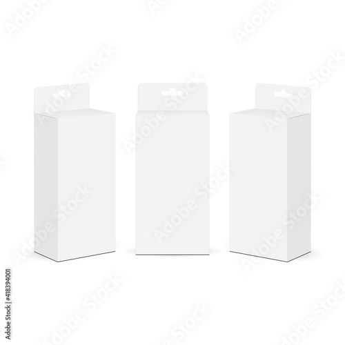 Boxes Mockups with Hang Tab Isolated on White Background, Front and Side View. Vector Illustration