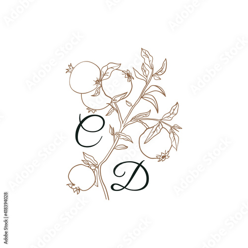 Nature Initials isolated design, uppercase letters with pomegranate fruits. Vector monogram for wedding, greeting.