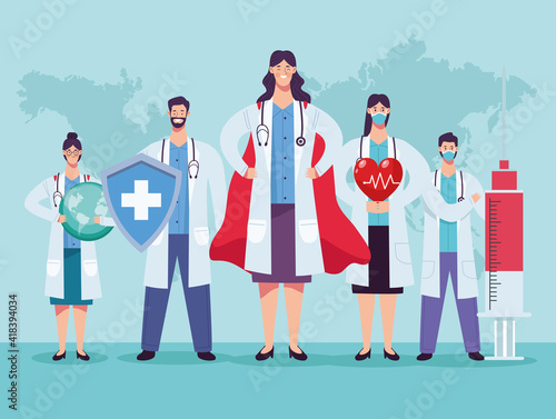 doctors staff group with shield and heart cardio