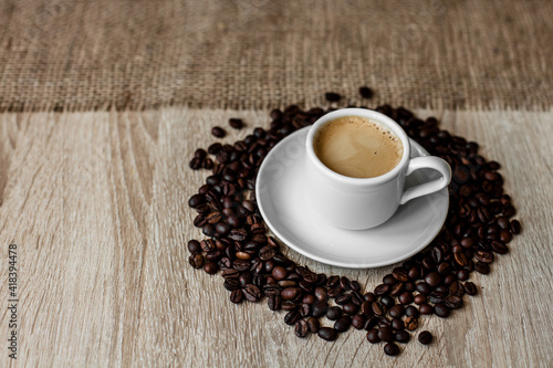 white cup, coffee beans, espresso