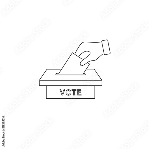 Flat hand putting vote bulletin into ballot box line icon. Election concept 