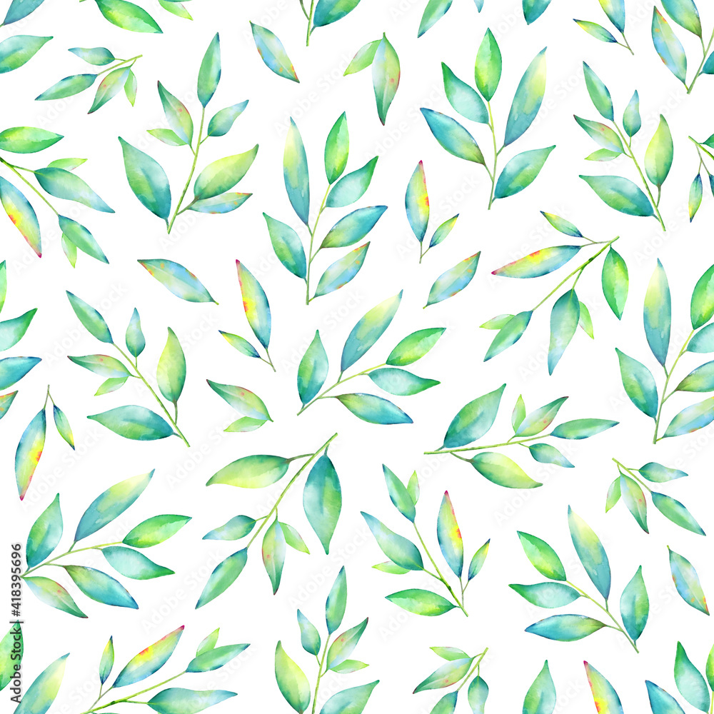 Seamless pattern with watercolor twigs with green leaves